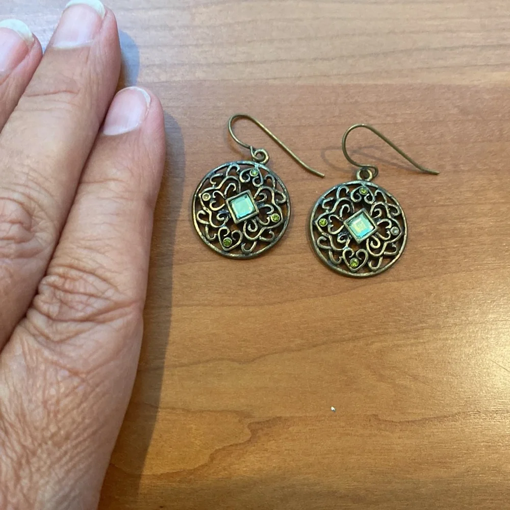 Bronze look earrings with green stone/glass